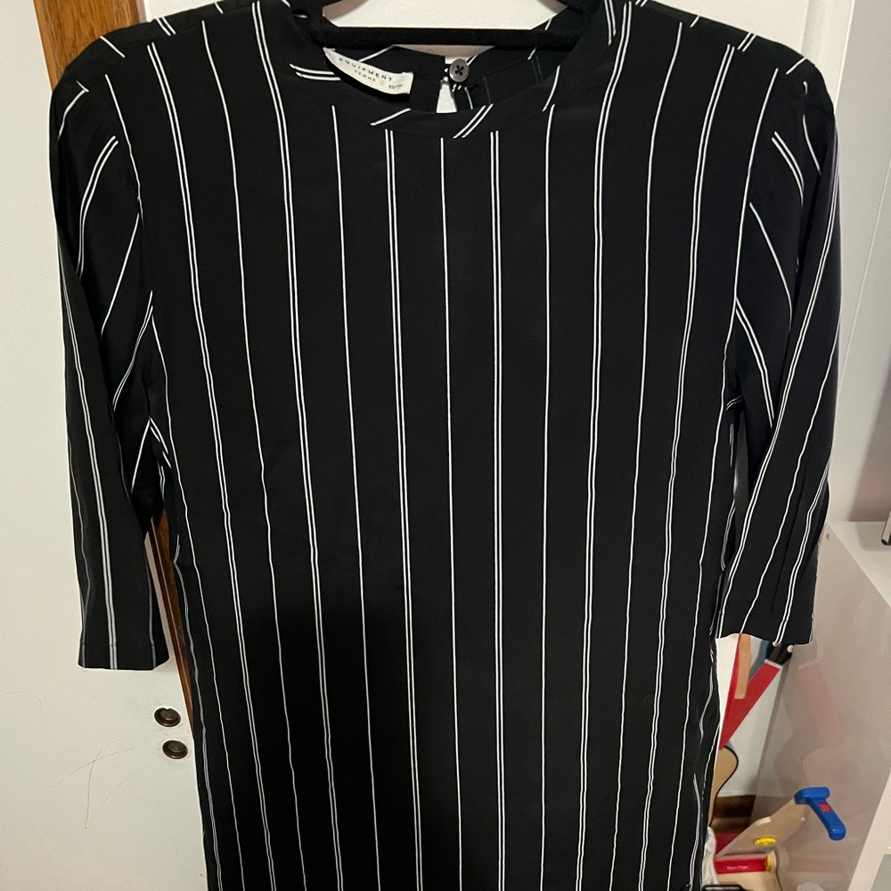 Equipment Aubrey dress.  100% silk mini dress in navy with white pinstripes